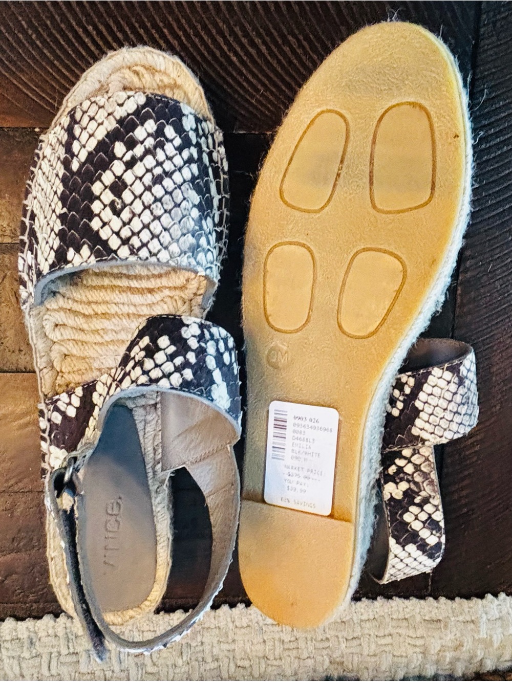 Vince NWT Emilia Black White Snakeskin Espadrille Sandals Platform Size 9